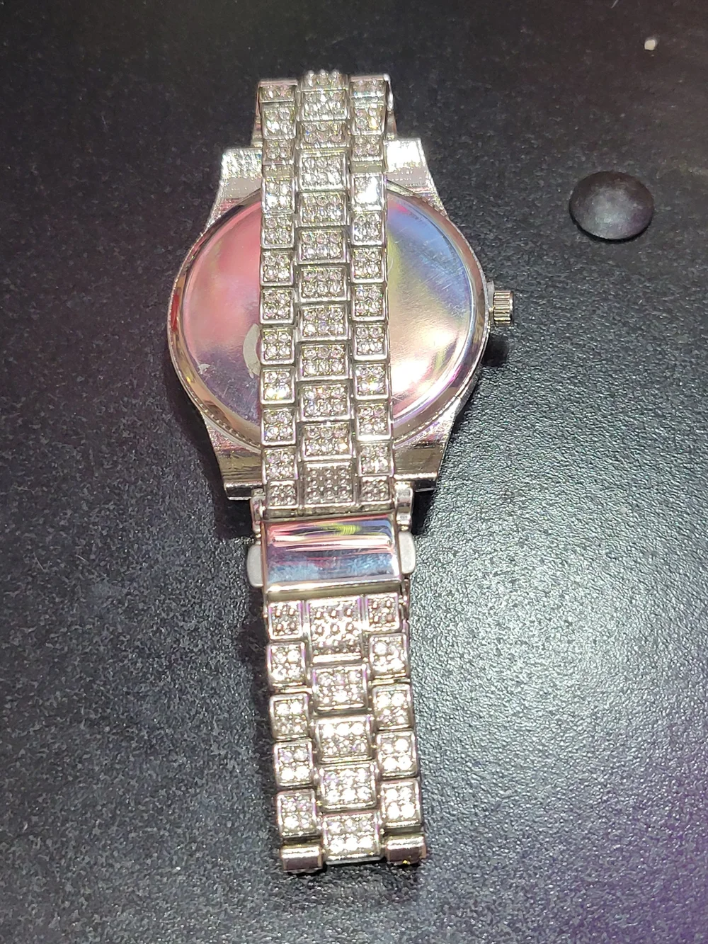Men's Silver Iced Bracelet Watch with Red Face